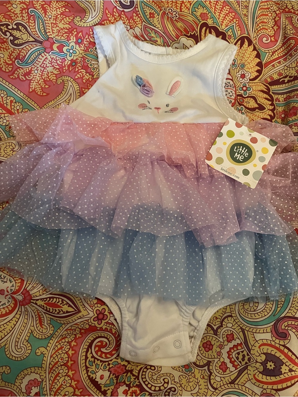 Little Me White One-Piece with Pink and Blue Tulle Ruffles